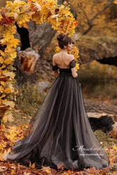 Black A-line Off Shoulder Simple Wedding Dresses With Sweep Train